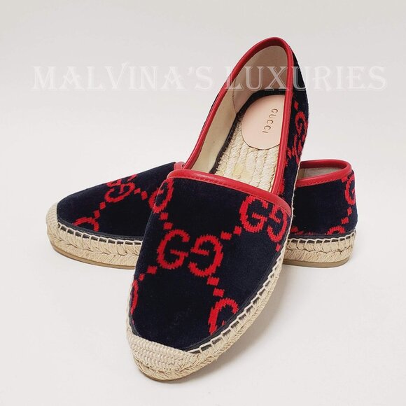 GUCCI SHOES TERRY CLOTH GG LOGO ESPADRILLE FLATS BLUE RED sz IT 36.5 US 6.5 - Picture 3 of 16